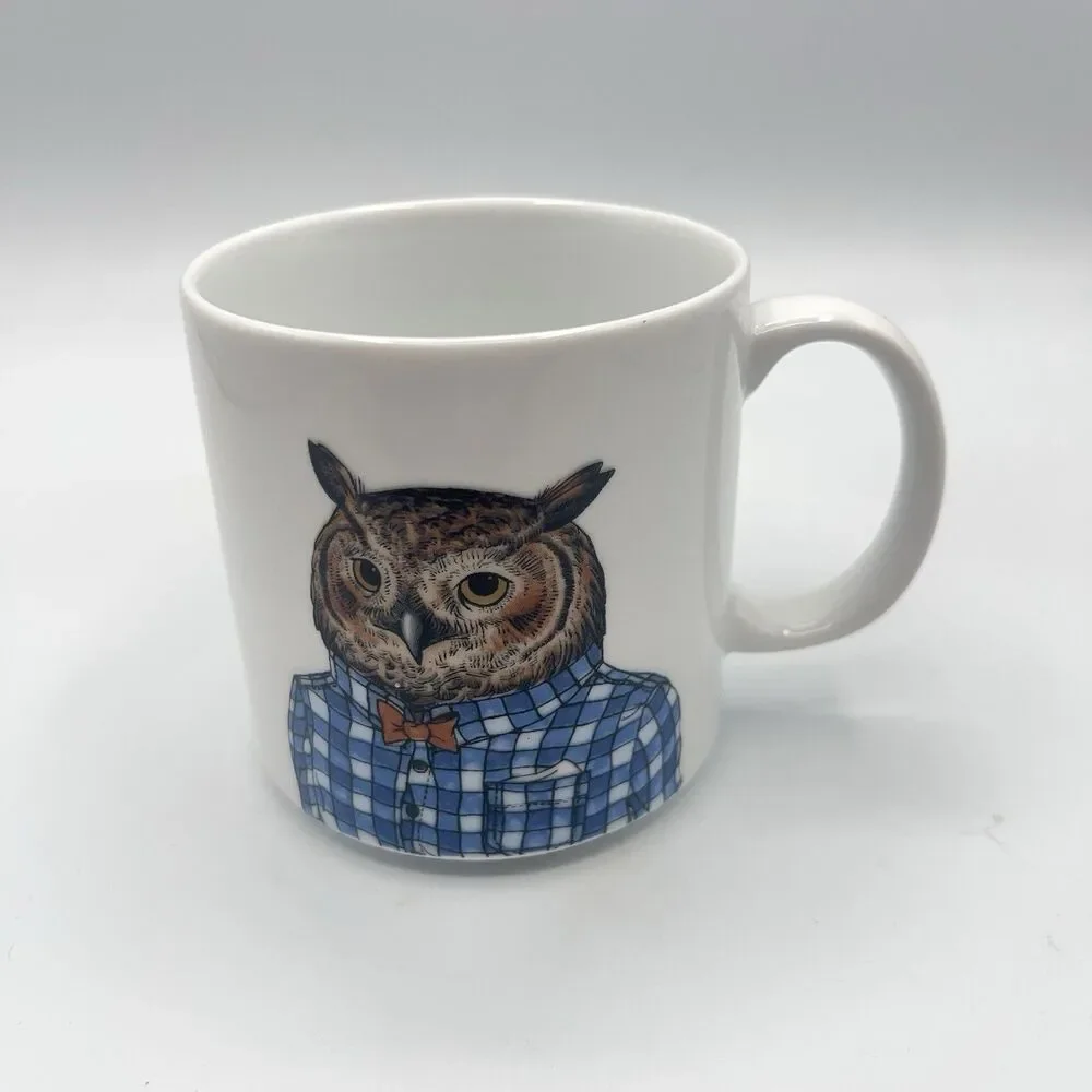 West Elm Rachel Kozlowski White Ceramic Dapper Owl Bow Tie Coffee Tea Mug Cup